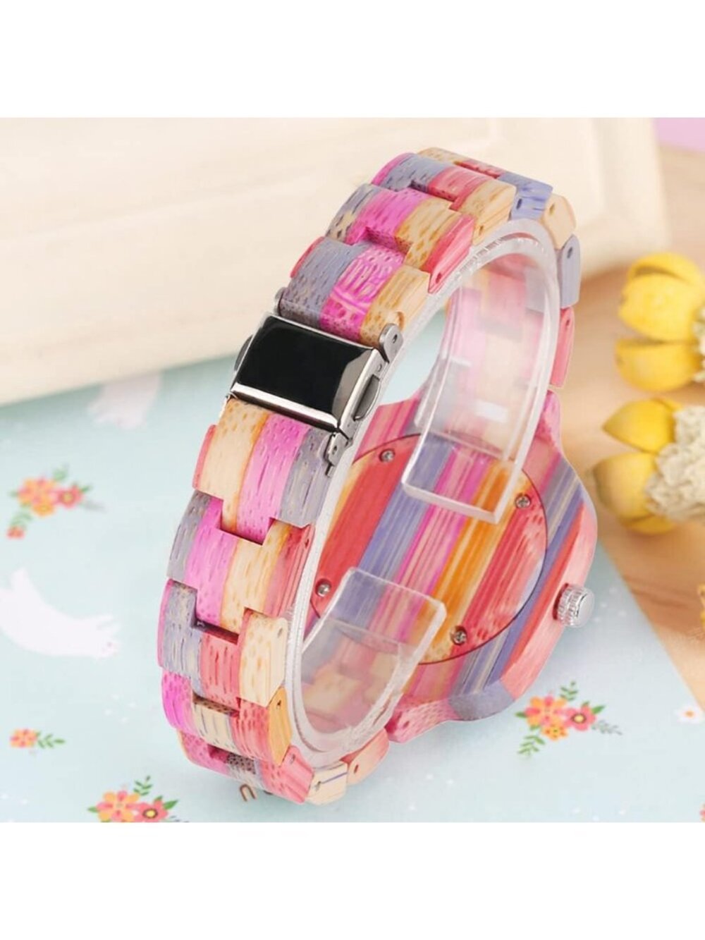 Women's Pink All Wood Strap Analog Classic Design Colorful Bamboo Wrist Watches - Picture 6 of 6